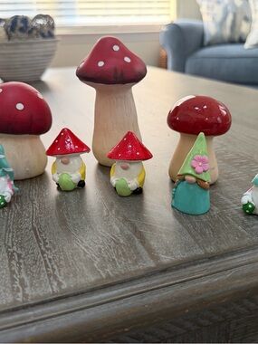 Hobby Lobby Red Mushroom & Gnome Ceramic Figurine Set